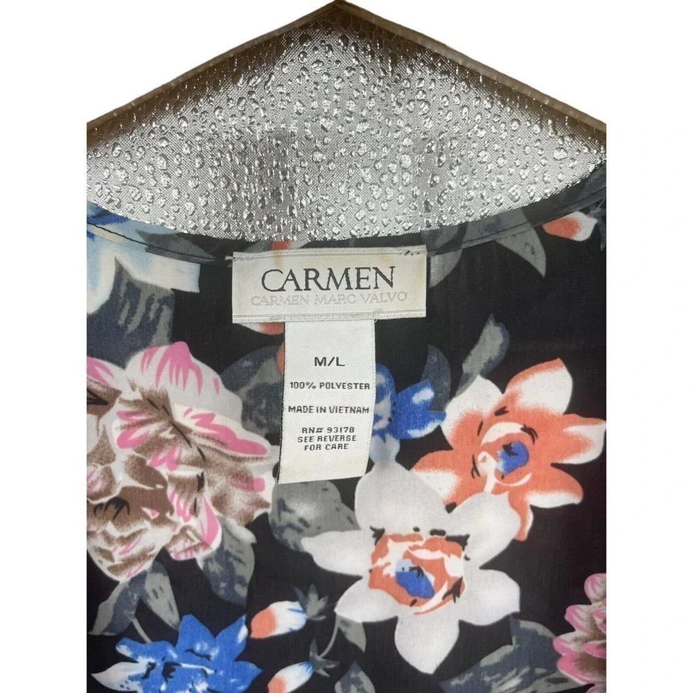 Carmen Marc Valvo Black Floral Loose Tassels Kimono Open Cover Shirt Medium - Picture 4 of 4